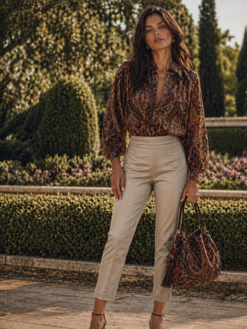Etro Cropped Pull-On Silk Pants in Champaign Taupe